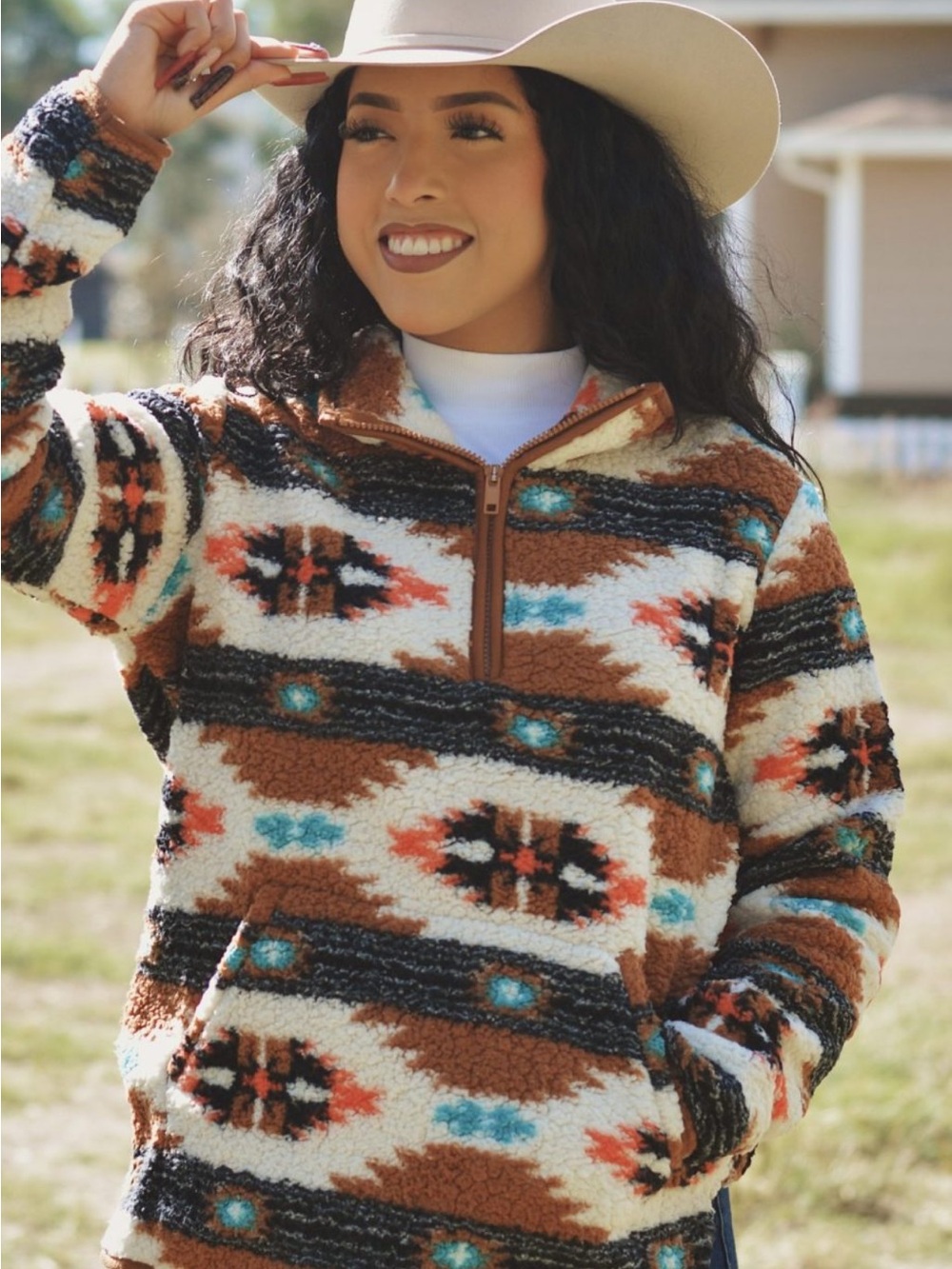 Wrangler Retro Sherpa Pullover Southwestern 1/4 Zip Aztec Kangaroo Pocket M - Picture 5 of 9